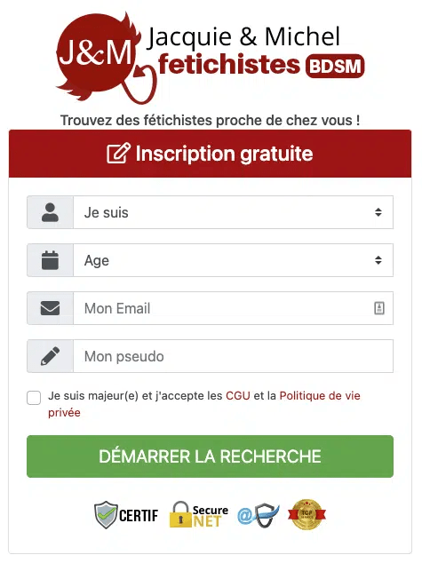 Formulaire pour s'inscrire sur le site J&M Fétichistes